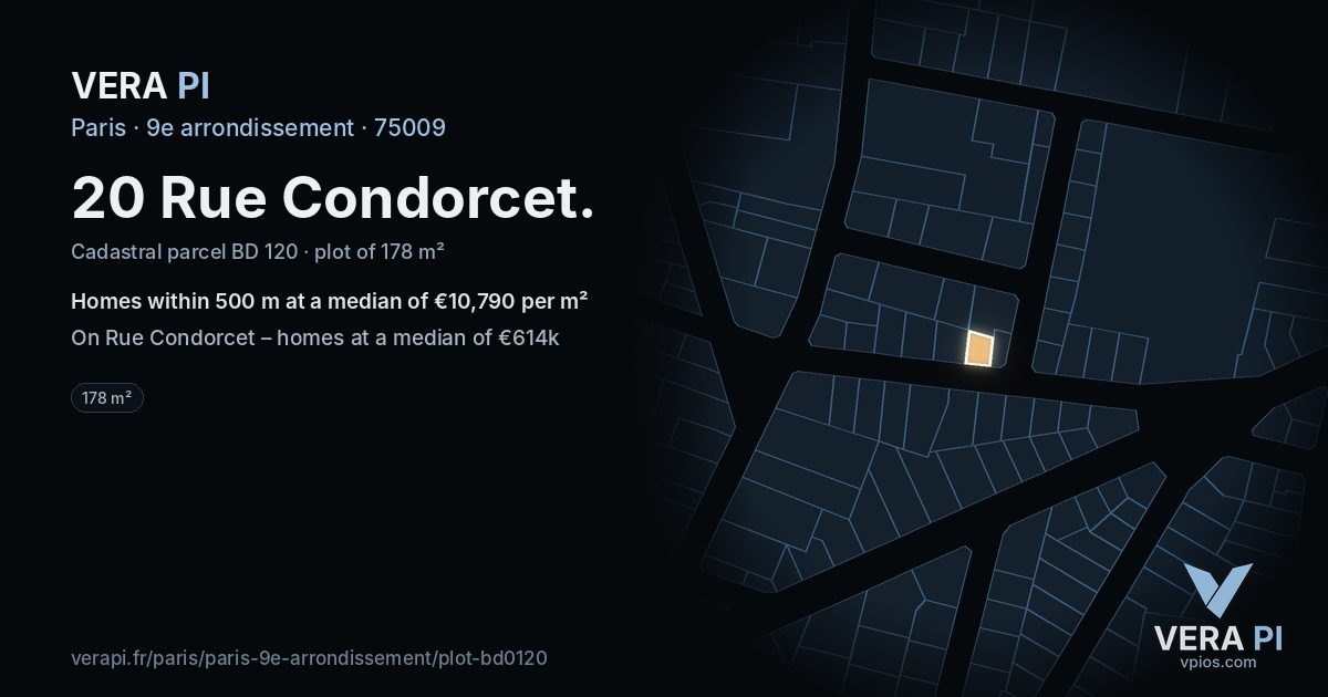 20 Rue Condorcet, 9e arrondissement at night – the plot lit, the parcels around coloured by the prices near them