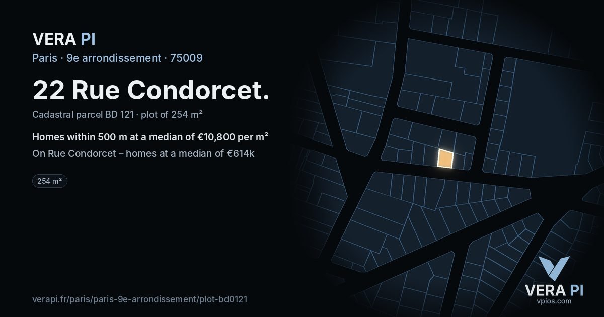 22 Rue Condorcet, 9e arrondissement at night – the plot lit, the parcels around coloured by the prices near them