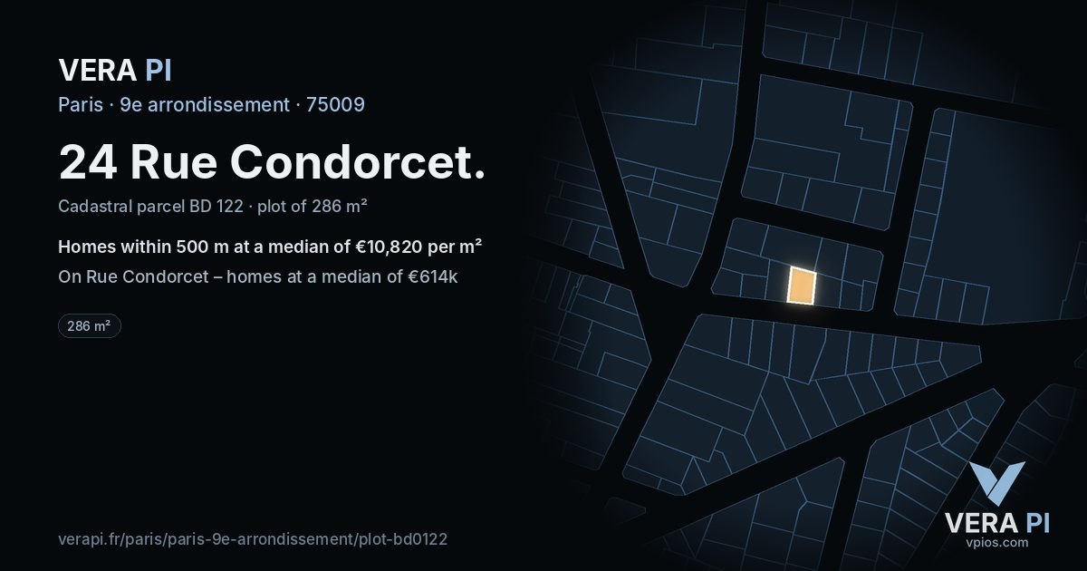 24 Rue Condorcet, 9e arrondissement at night – the plot lit, the parcels around coloured by the prices near them
