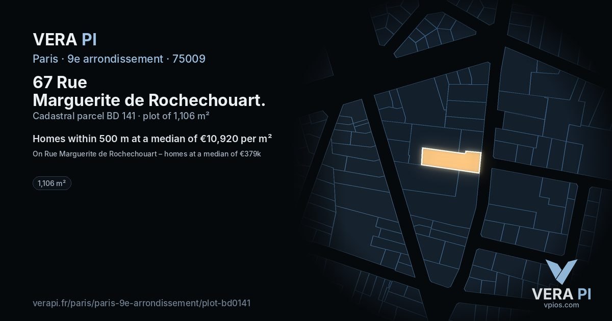 67 Rue Marguerite de Rochechouart, 9e arrondissement at night – the plot lit, the parcels around coloured by the prices near them