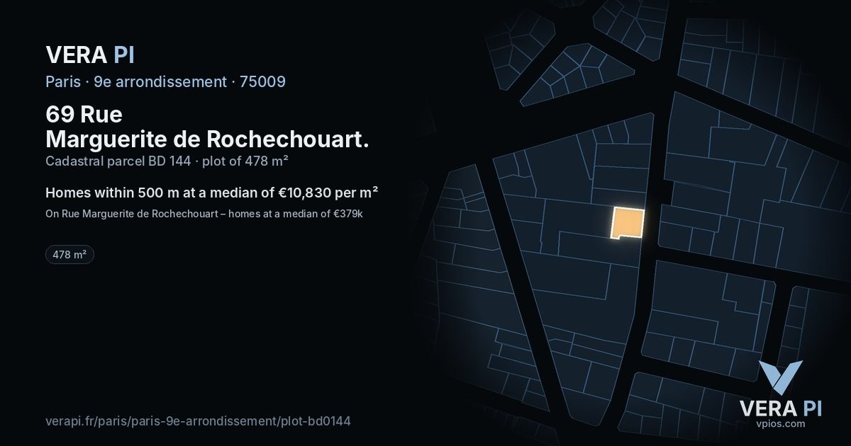 69 Rue Marguerite de Rochechouart, 9e arrondissement at night – the plot lit, the parcels around coloured by the prices near them