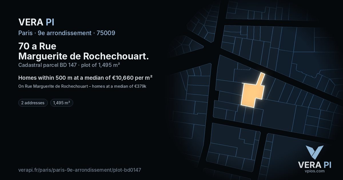 70 a Rue Marguerite de Rochechouart, 9e arrondissement at night – the plot lit, the parcels around coloured by the prices near them