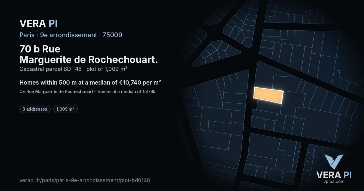 70 b Rue Marguerite de Rochechouart, 9e arrondissement at night – the plot lit, the parcels around coloured by the prices near them