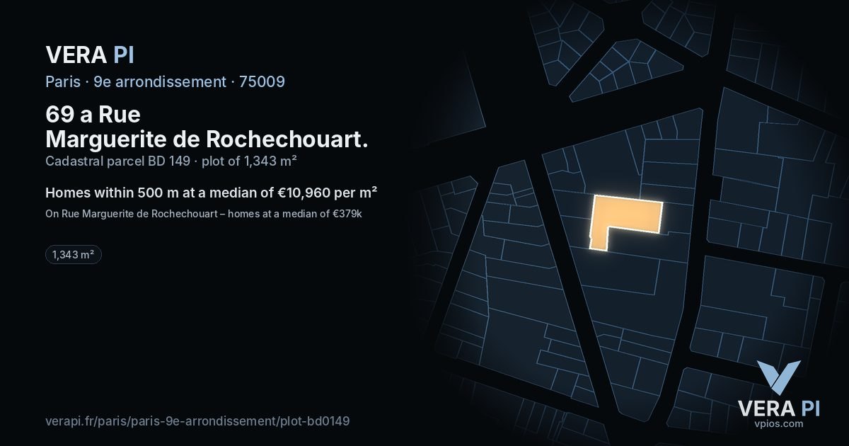 69 a Rue Marguerite de Rochechouart, 9e arrondissement at night – the plot lit, the parcels around coloured by the prices near them