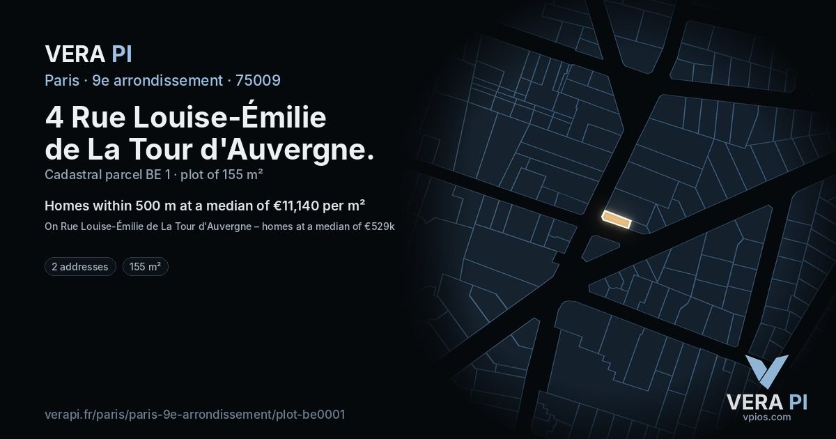 4 Rue Louise-Émilie de La Tour d'Auvergne, 9e arrondissement at night – the plot lit, the parcels around coloured by the prices near them
