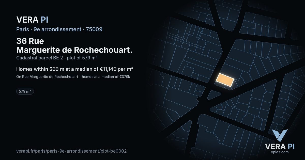 36 Rue Marguerite de Rochechouart, 9e arrondissement at night – the plot lit, the parcels around coloured by the prices near them