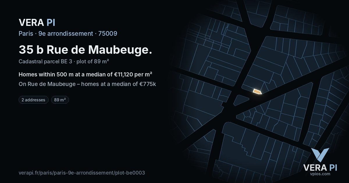 35 b Rue de Maubeuge, 9e arrondissement at night – the plot lit, the parcels around coloured by the prices near them