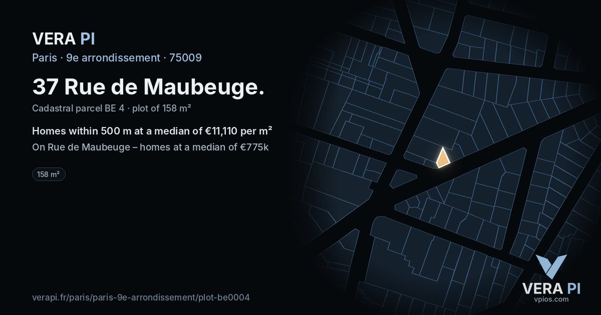 37 Rue de Maubeuge, 9e arrondissement at night – the plot lit, the parcels around coloured by the prices near them