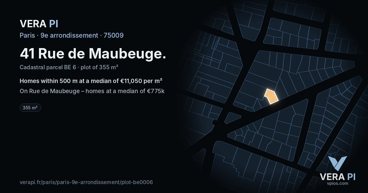 41 Rue de Maubeuge, 9e arrondissement at night – the plot lit, the parcels around coloured by the prices near them