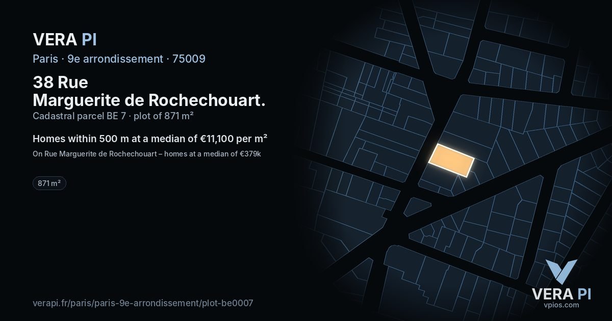38 Rue Marguerite de Rochechouart, 9e arrondissement at night – the plot lit, the parcels around coloured by the prices near them