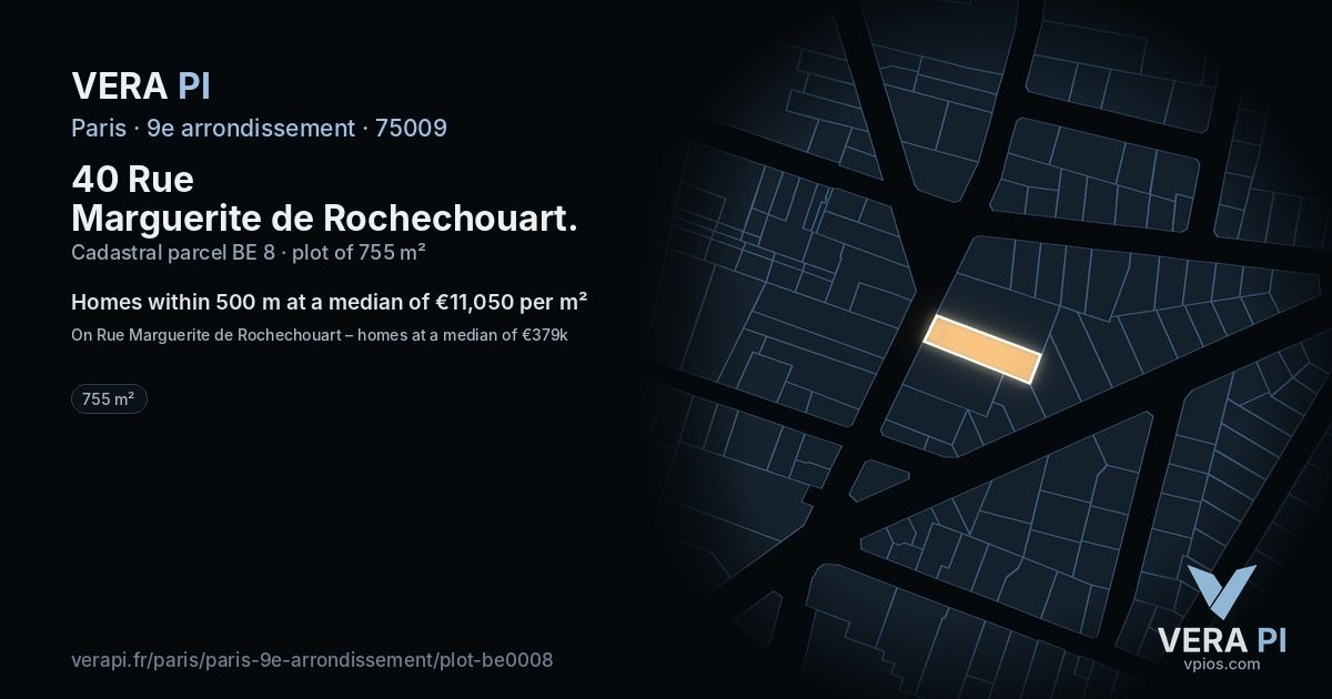 40 Rue Marguerite de Rochechouart, 9e arrondissement at night – the plot lit, the parcels around coloured by the prices near them