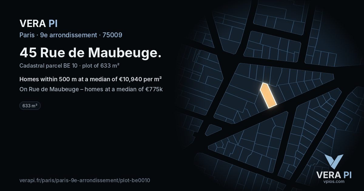 45 Rue de Maubeuge, 9e arrondissement at night – the plot lit, the parcels around coloured by the prices near them