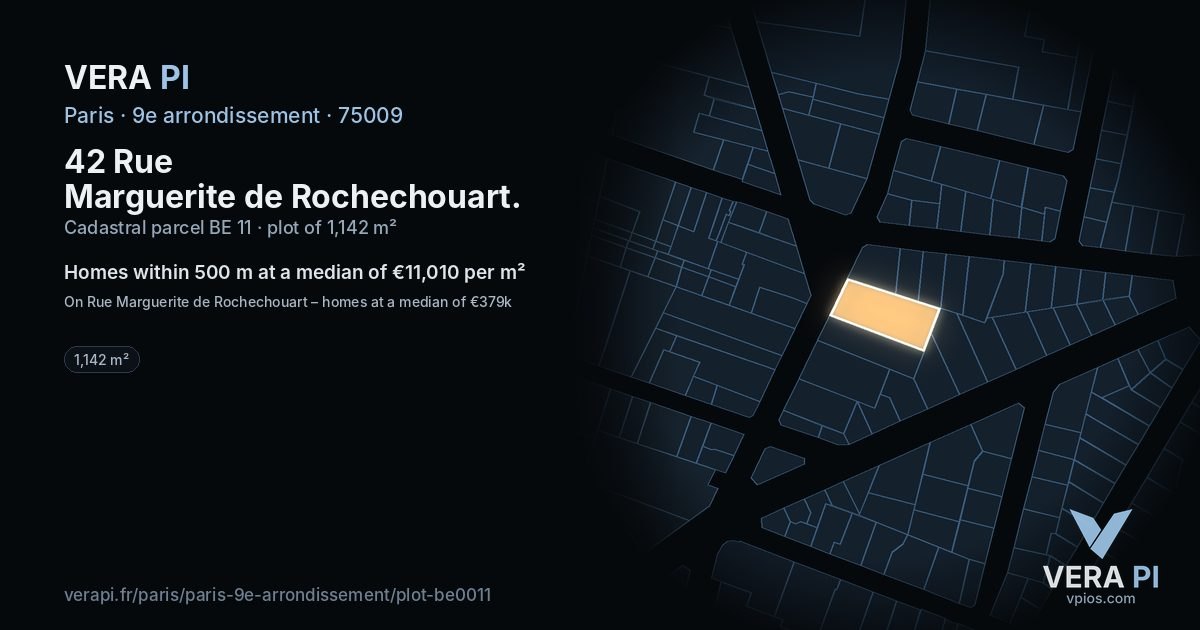 42 Rue Marguerite de Rochechouart, 9e arrondissement at night – the plot lit, the parcels around coloured by the prices near them