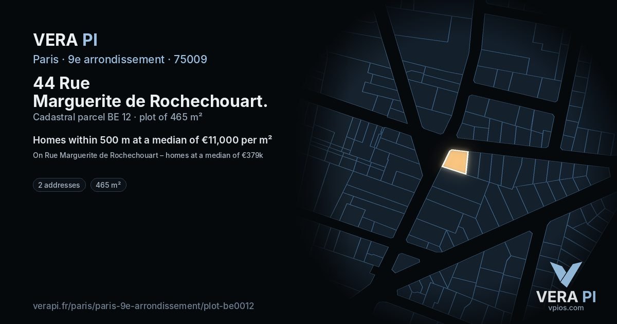 44 Rue Marguerite de Rochechouart, 9e arrondissement at night – the plot lit, the parcels around coloured by the prices near them