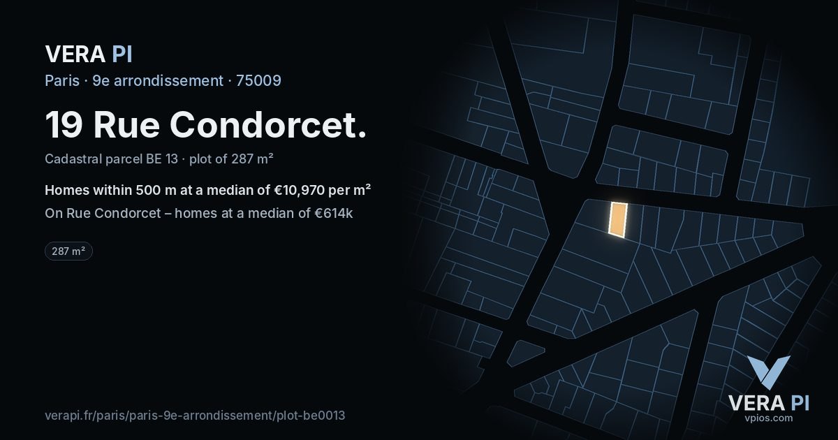 19 Rue Condorcet, 9e arrondissement at night – the plot lit, the parcels around coloured by the prices near them