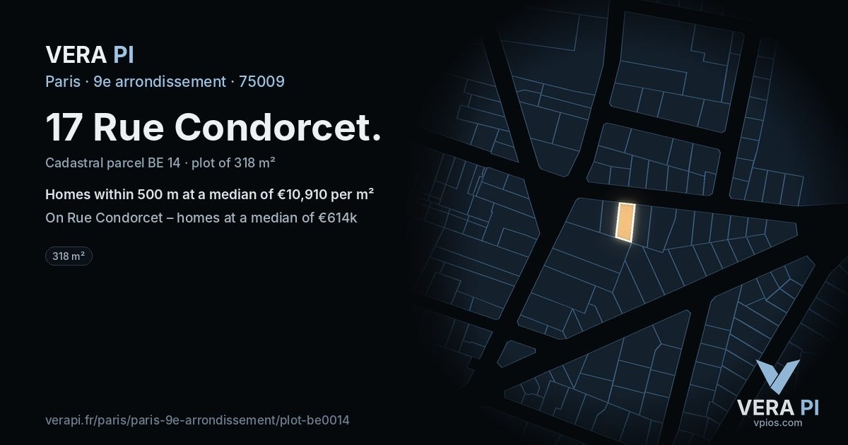 17 Rue Condorcet, 9e arrondissement at night – the plot lit, the parcels around coloured by the prices near them