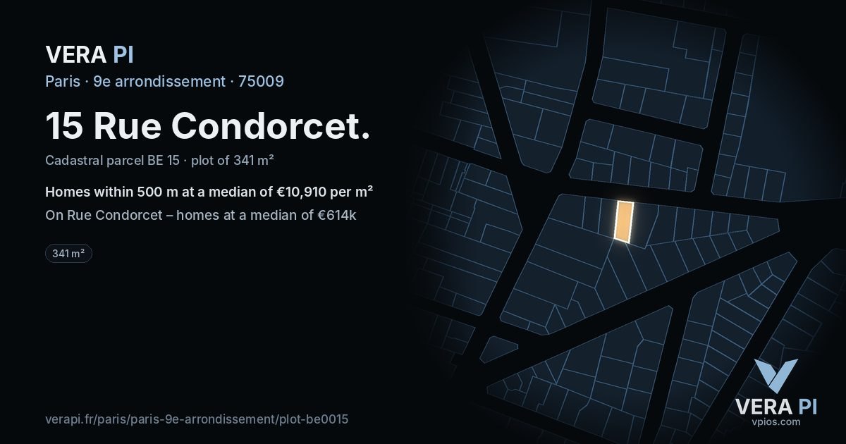 15 Rue Condorcet, 9e arrondissement at night – the plot lit, the parcels around coloured by the prices near them