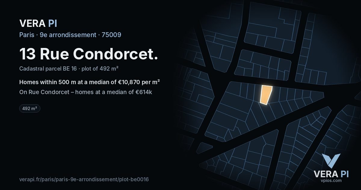 13 Rue Condorcet, 9e arrondissement at night – the plot lit, the parcels around coloured by the prices near them