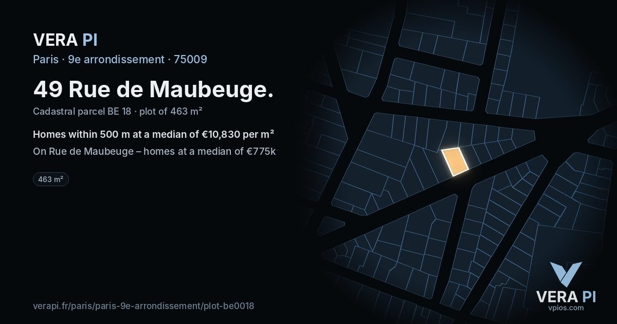 49 Rue de Maubeuge, 9e arrondissement at night – the plot lit, the parcels around coloured by the prices near them