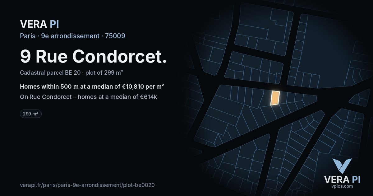 9 Rue Condorcet, 9e arrondissement at night – the plot lit, the parcels around coloured by the prices near them