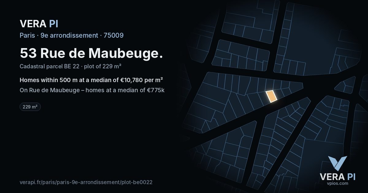 53 Rue de Maubeuge, 9e arrondissement at night – the plot lit, the parcels around coloured by the prices near them