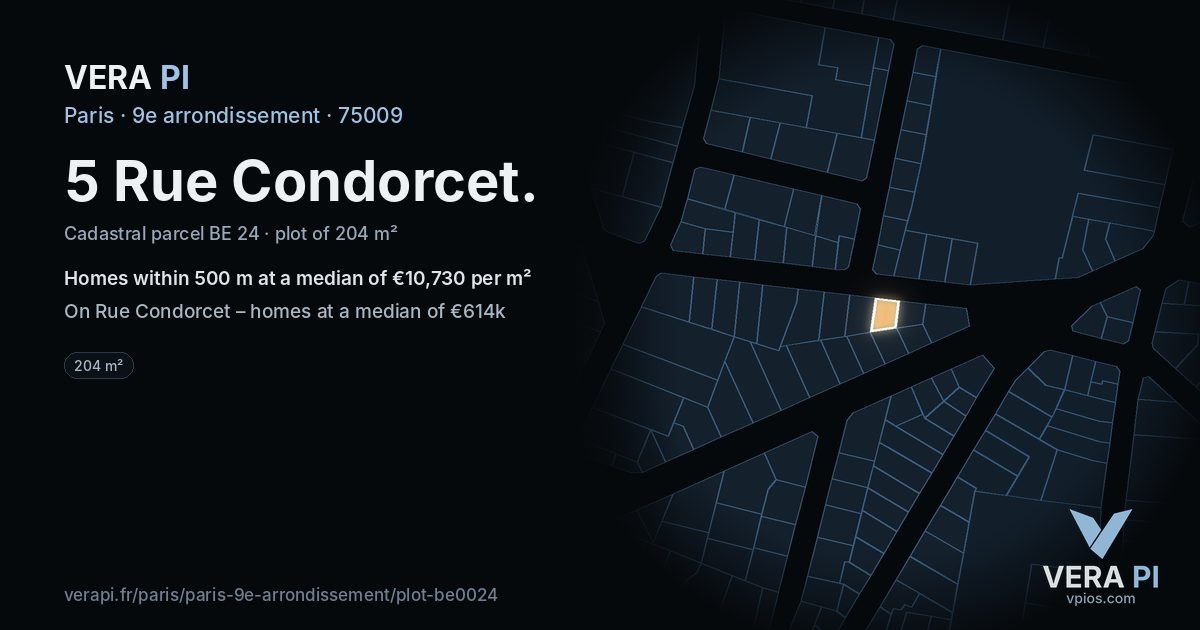 5 Rue Condorcet, 9e arrondissement at night – the plot lit, the parcels around coloured by the prices near them