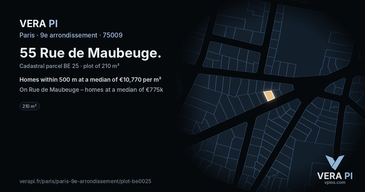 55 Rue de Maubeuge, 9e arrondissement at night – the plot lit, the parcels around coloured by the prices near them