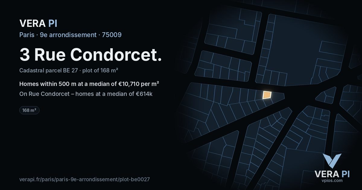 3 Rue Condorcet, 9e arrondissement at night – the plot lit, the parcels around coloured by the prices near them