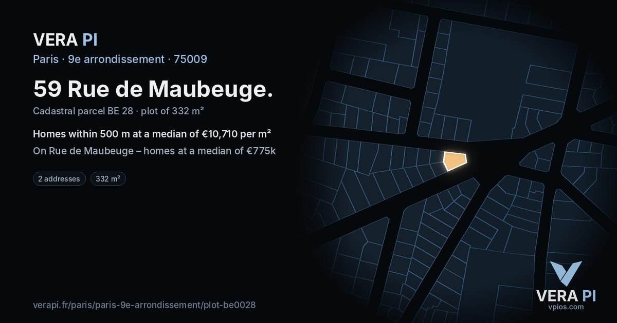 59 Rue de Maubeuge, 9e arrondissement at night – the plot lit, the parcels around coloured by the prices near them