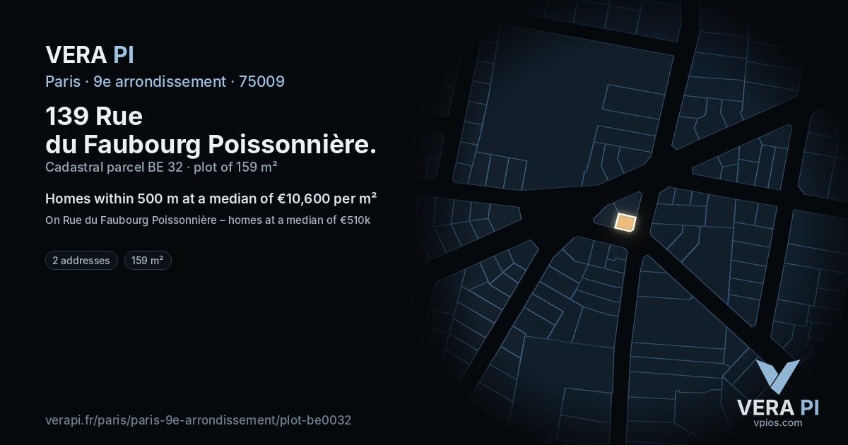 139 Rue du Faubourg Poissonnière, 9e arrondissement at night – the plot lit, the parcels around coloured by the prices near them