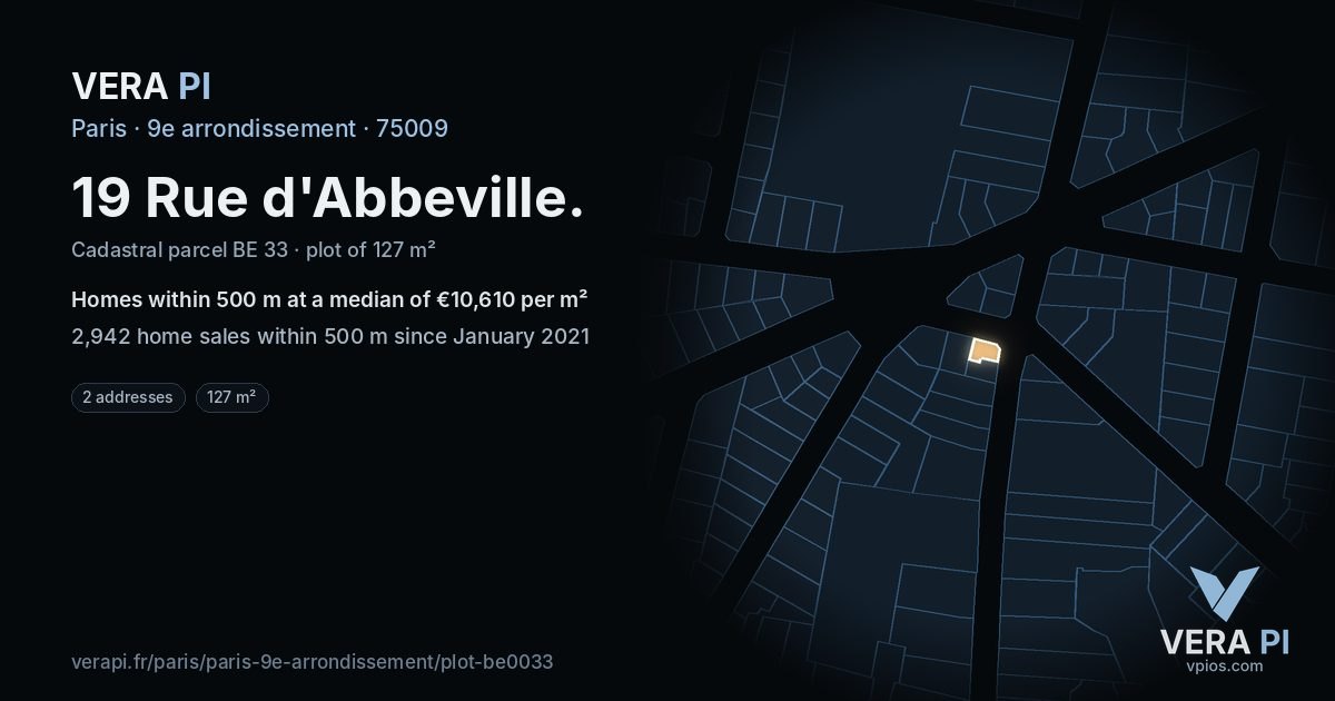 19 Rue d'Abbeville, 9e arrondissement at night – the plot lit, the parcels around coloured by the prices near them