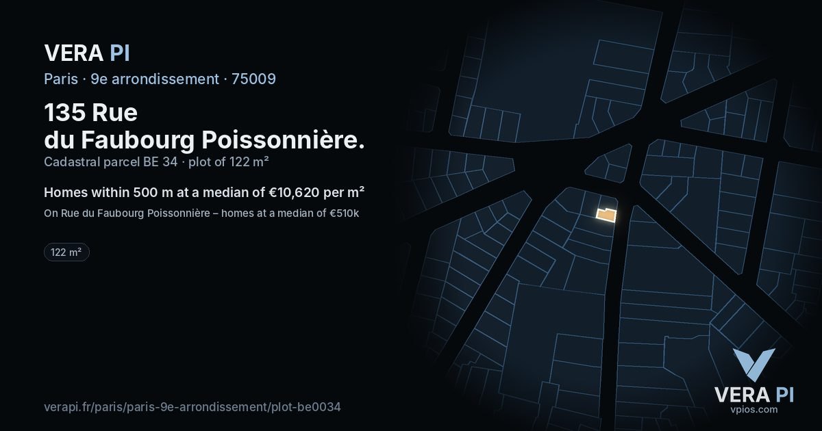 135 Rue du Faubourg Poissonnière, 9e arrondissement at night – the plot lit, the parcels around coloured by the prices near them