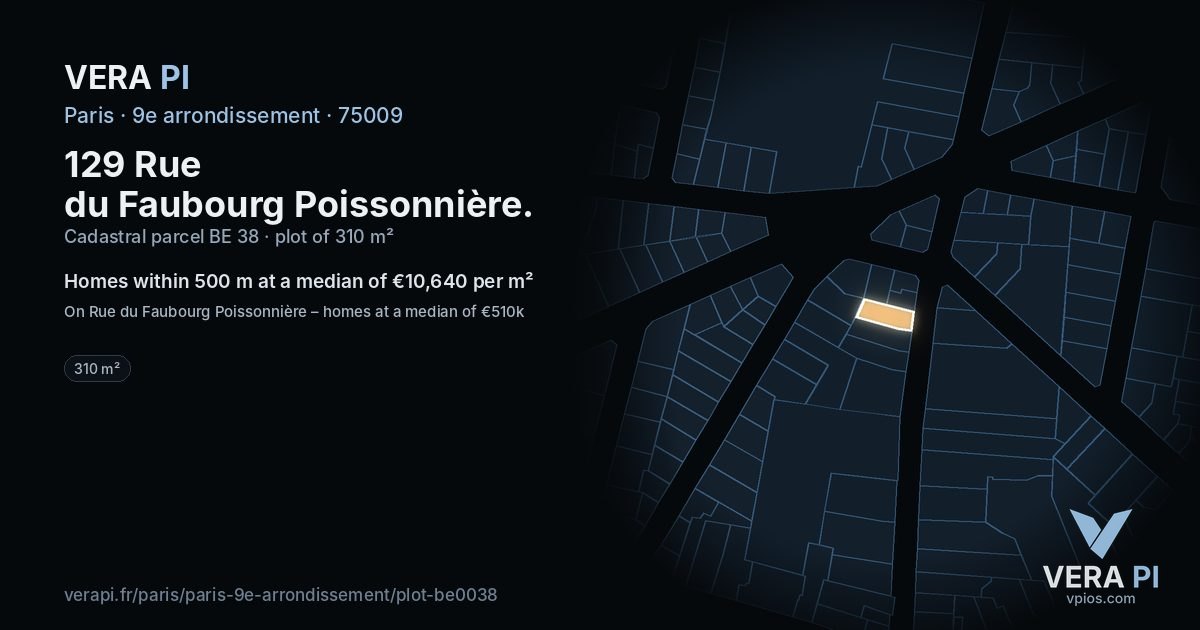 129 Rue du Faubourg Poissonnière, 9e arrondissement at night – the plot lit, the parcels around coloured by the prices near them