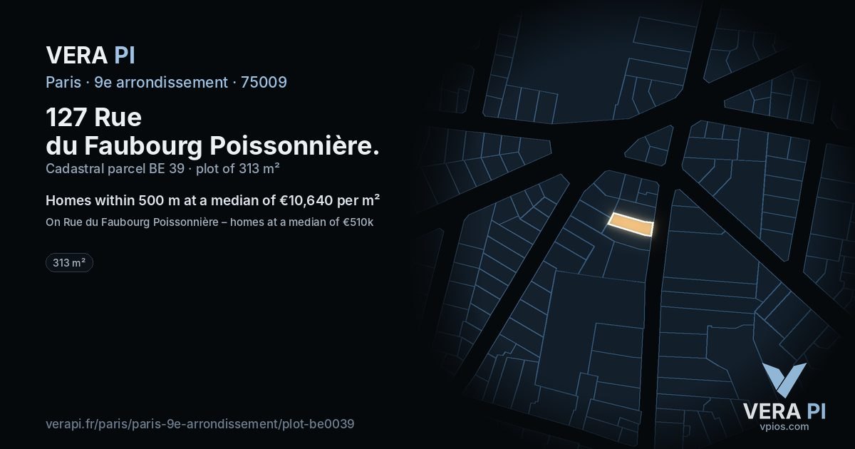127 Rue du Faubourg Poissonnière, 9e arrondissement at night – the plot lit, the parcels around coloured by the prices near them