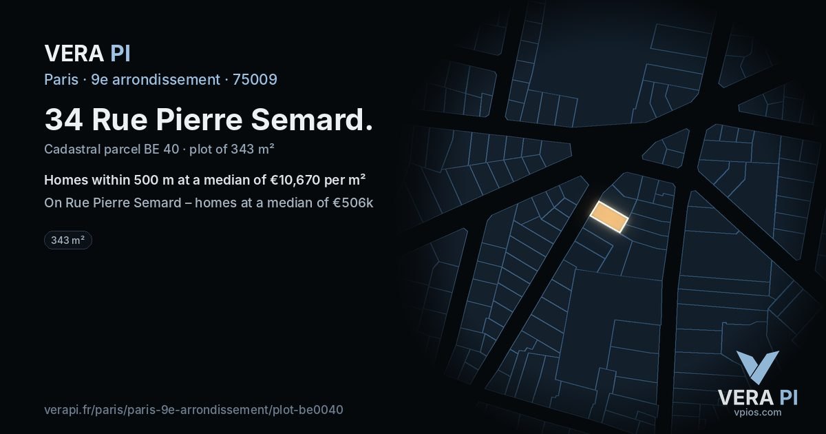 34 Rue Pierre Semard, 9e arrondissement at night – the plot lit, the parcels around coloured by the prices near them