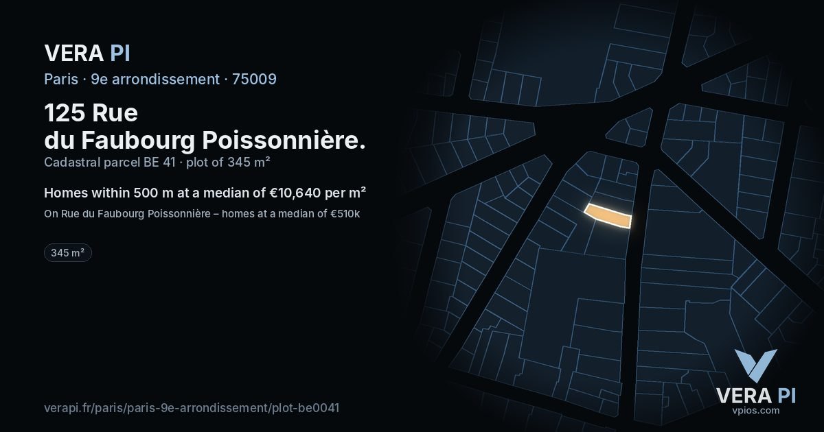 125 Rue du Faubourg Poissonnière, 9e arrondissement at night – the plot lit, the parcels around coloured by the prices near them