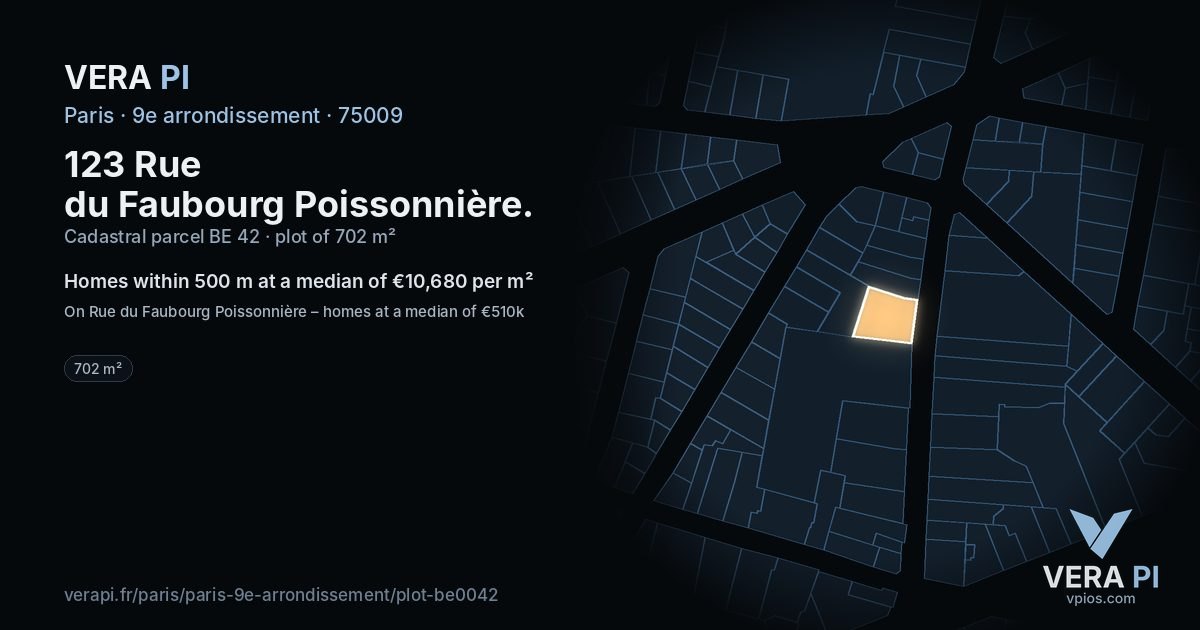 123 Rue du Faubourg Poissonnière, 9e arrondissement at night – the plot lit, the parcels around coloured by the prices near them