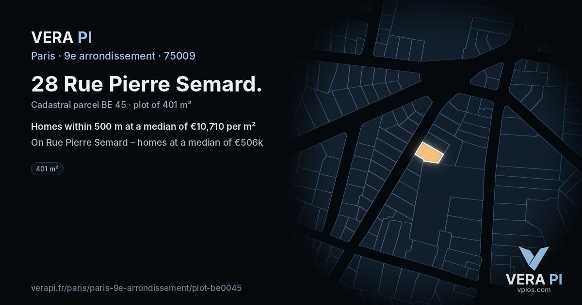 28 Rue Pierre Semard, 9e arrondissement at night – the plot lit, the parcels around coloured by the prices near them