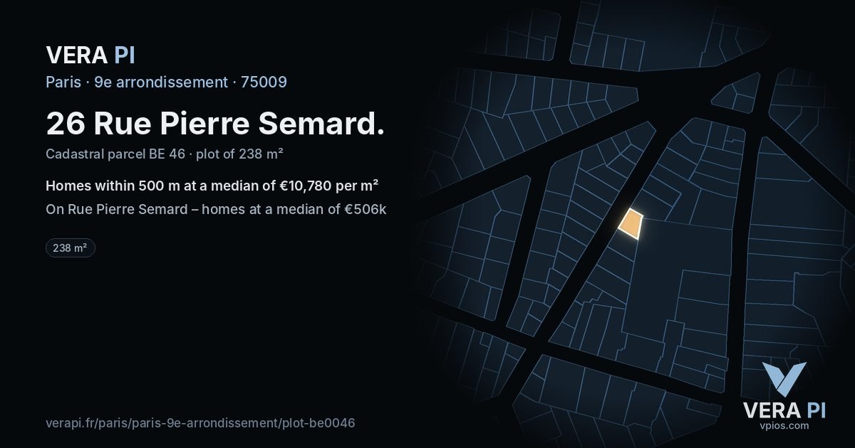 26 Rue Pierre Semard, 9e arrondissement at night – the plot lit, the parcels around coloured by the prices near them