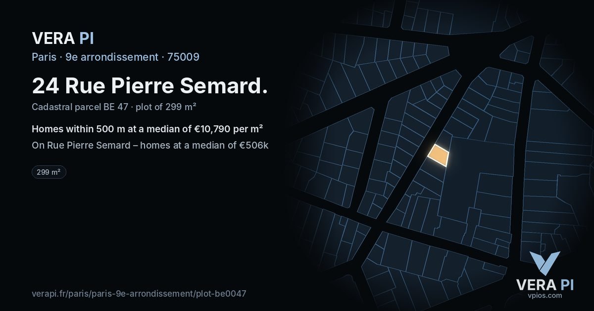 24 Rue Pierre Semard, 9e arrondissement at night – the plot lit, the parcels around coloured by the prices near them