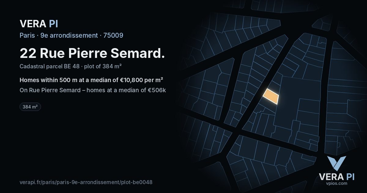 22 Rue Pierre Semard, 9e arrondissement at night – the plot lit, the parcels around coloured by the prices near them