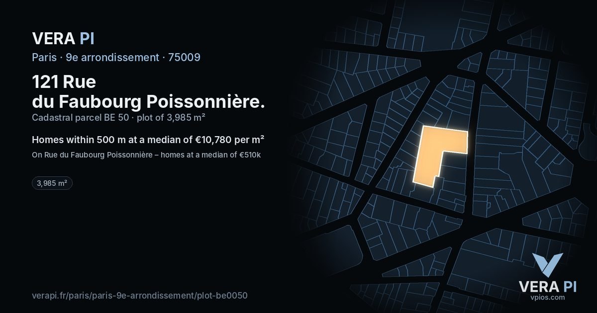 121 Rue du Faubourg Poissonnière, 9e arrondissement at night – the plot lit, the parcels around coloured by the prices near them