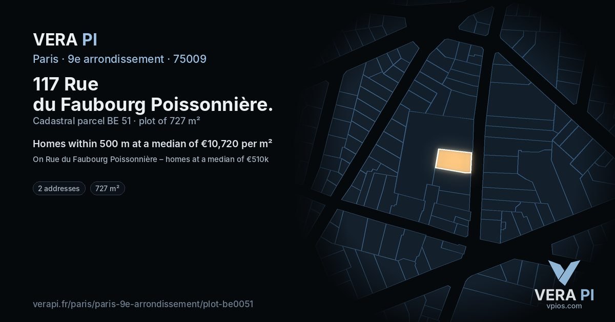 117 Rue du Faubourg Poissonnière, 9e arrondissement at night – the plot lit, the parcels around coloured by the prices near them