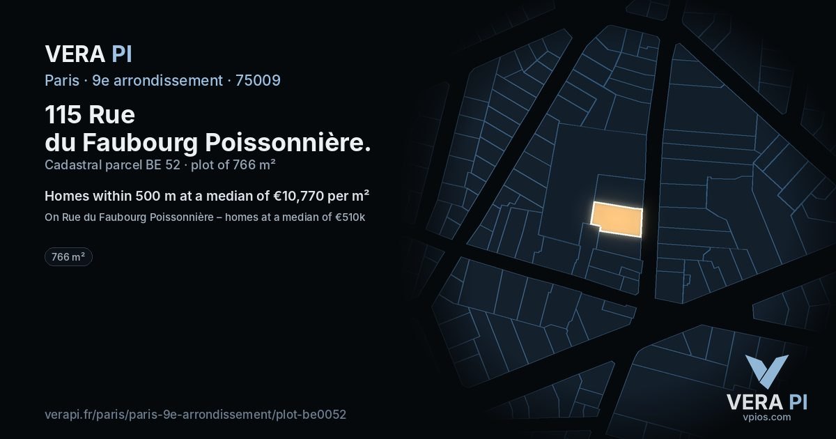 115 Rue du Faubourg Poissonnière, 9e arrondissement at night – the plot lit, the parcels around coloured by the prices near them