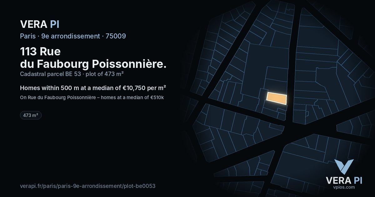 113 Rue du Faubourg Poissonnière, 9e arrondissement at night – the plot lit, the parcels around coloured by the prices near them