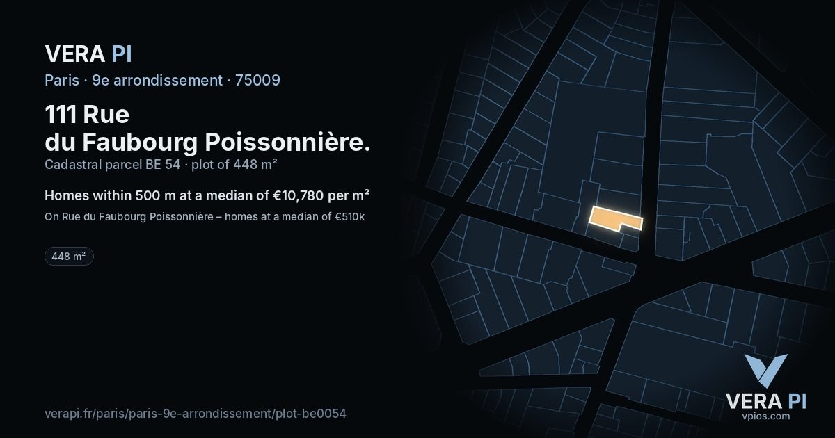 111 Rue du Faubourg Poissonnière, 9e arrondissement at night – the plot lit, the parcels around coloured by the prices near them