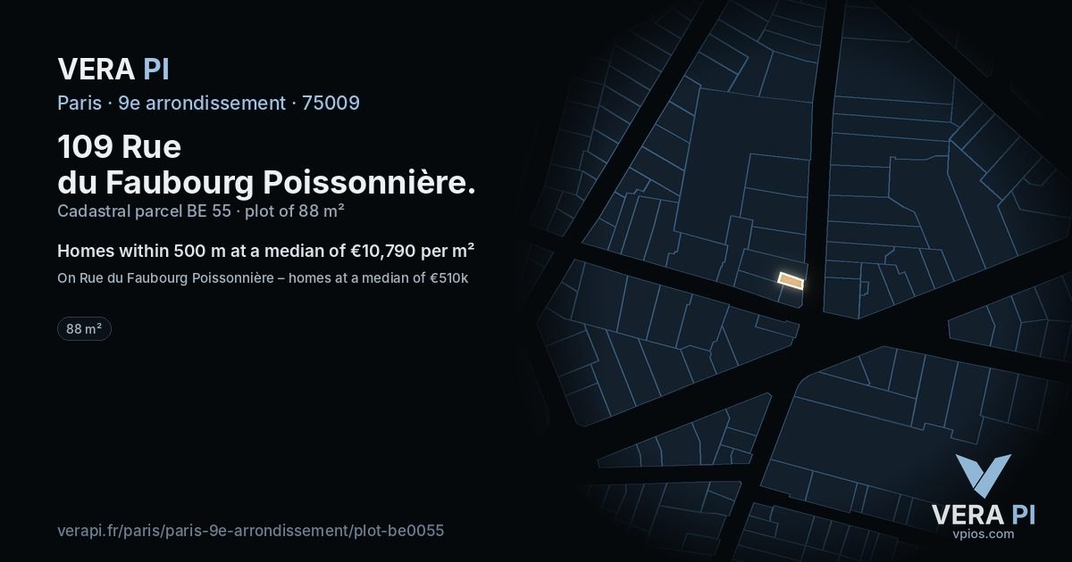 109 Rue du Faubourg Poissonnière, 9e arrondissement at night – the plot lit, the parcels around coloured by the prices near them