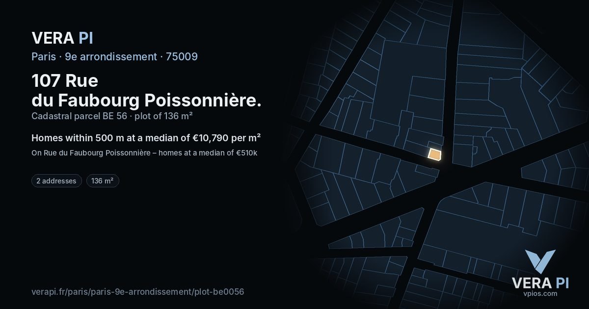 107 Rue du Faubourg Poissonnière, 9e arrondissement at night – the plot lit, the parcels around coloured by the prices near them