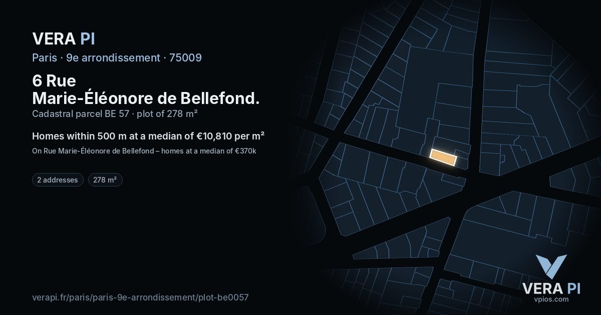 6 Rue Marie-Éléonore de Bellefond, 9e arrondissement at night – the plot lit, the parcels around coloured by the prices near them