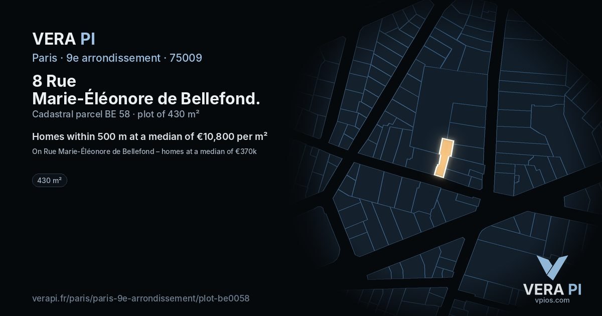 8 Rue Marie-Éléonore de Bellefond, 9e arrondissement at night – the plot lit, the parcels around coloured by the prices near them